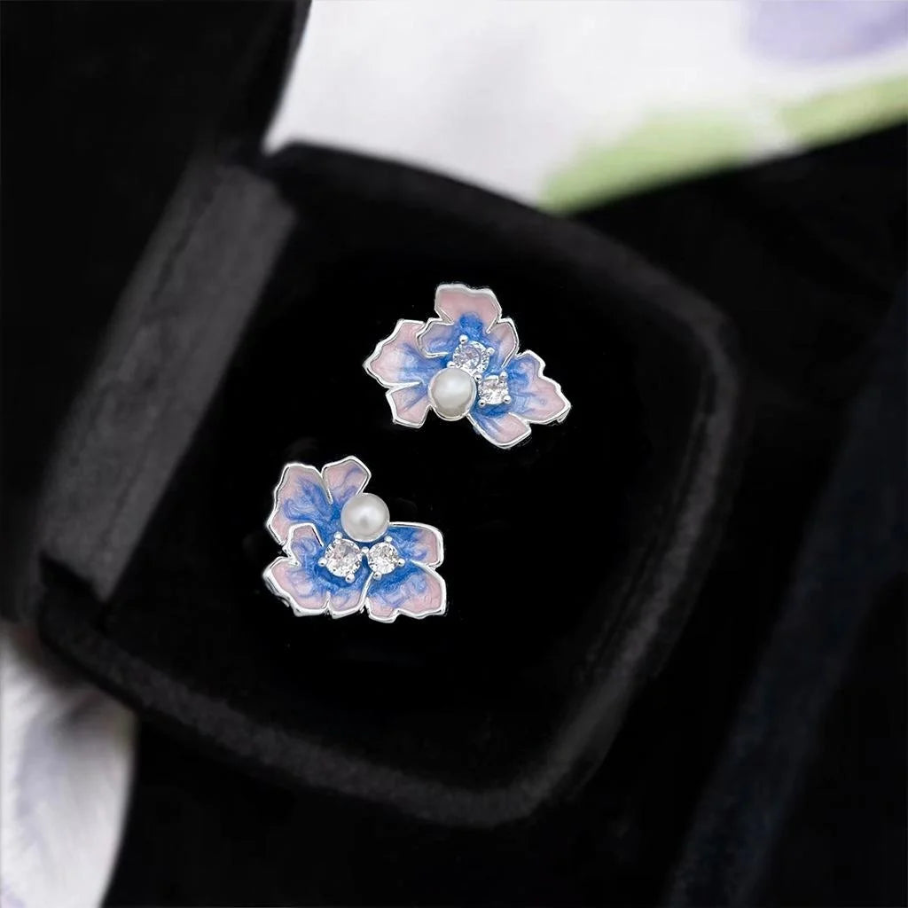 Luxury Iris Flower Stud Earrings, Silver Plated Copper Zircon Enamel Pearl Floral Jewelry