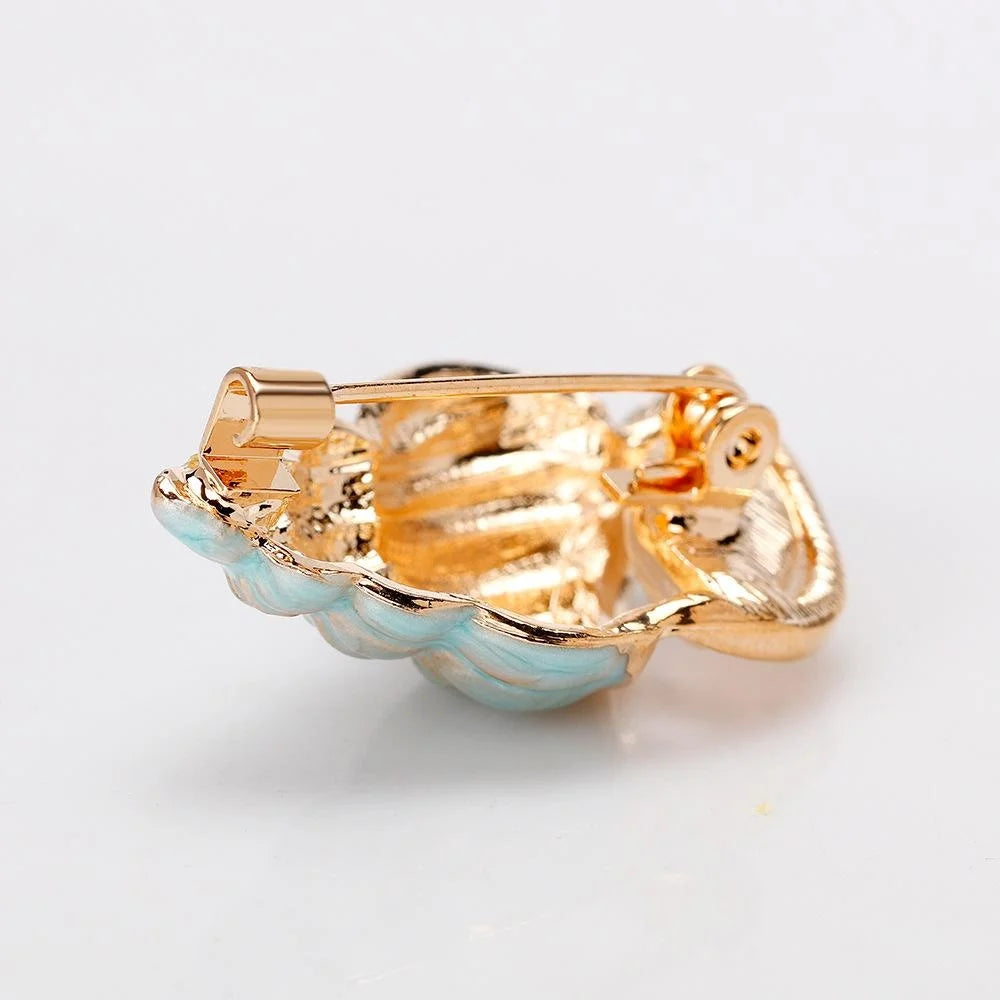 Elegant Light Blue Conch Shell Enamel Brooch With Rhinestones, Alloy Lapel Pin Corsage Suit Accessory