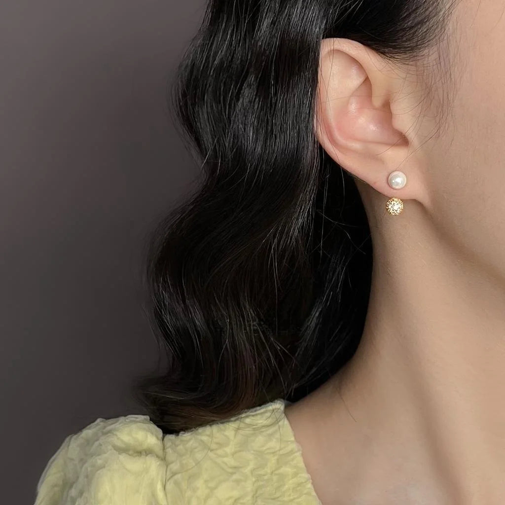 Two Way 14K Gold Plated Copper Pearl Stud Earrings With Micro Pave Zircon Round Geometric Design