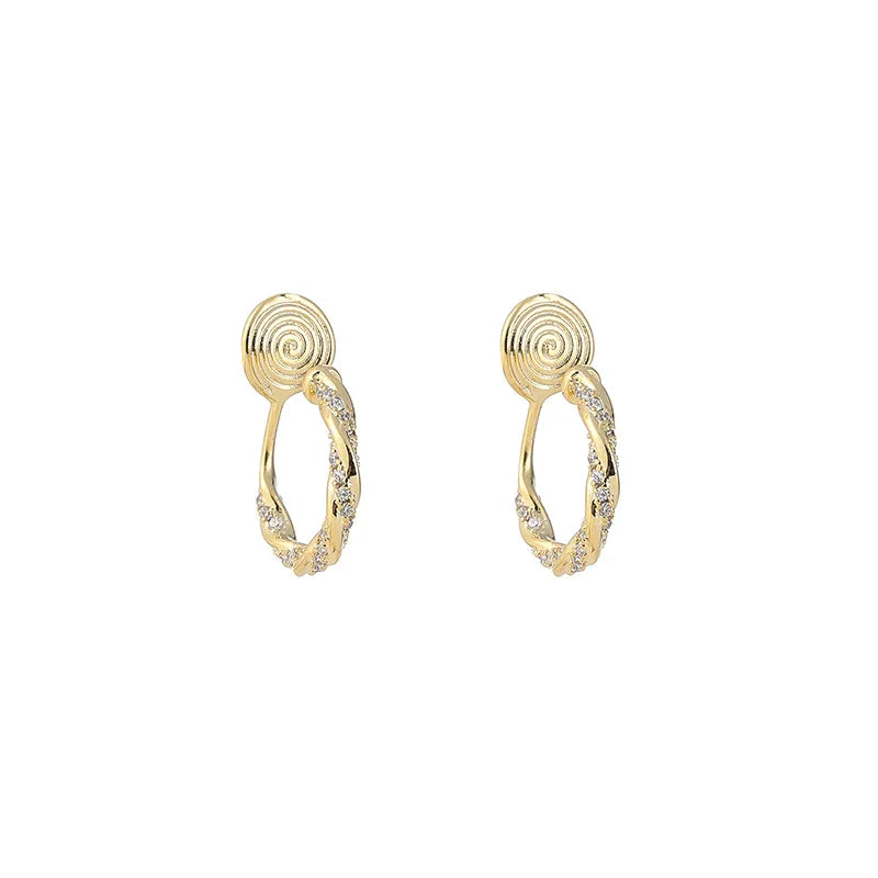 Elegant Gold Alloy Zircon Twisted Hoop Mosquito Coil Stud & Clip On No Piercing Small Huggie Earrings
