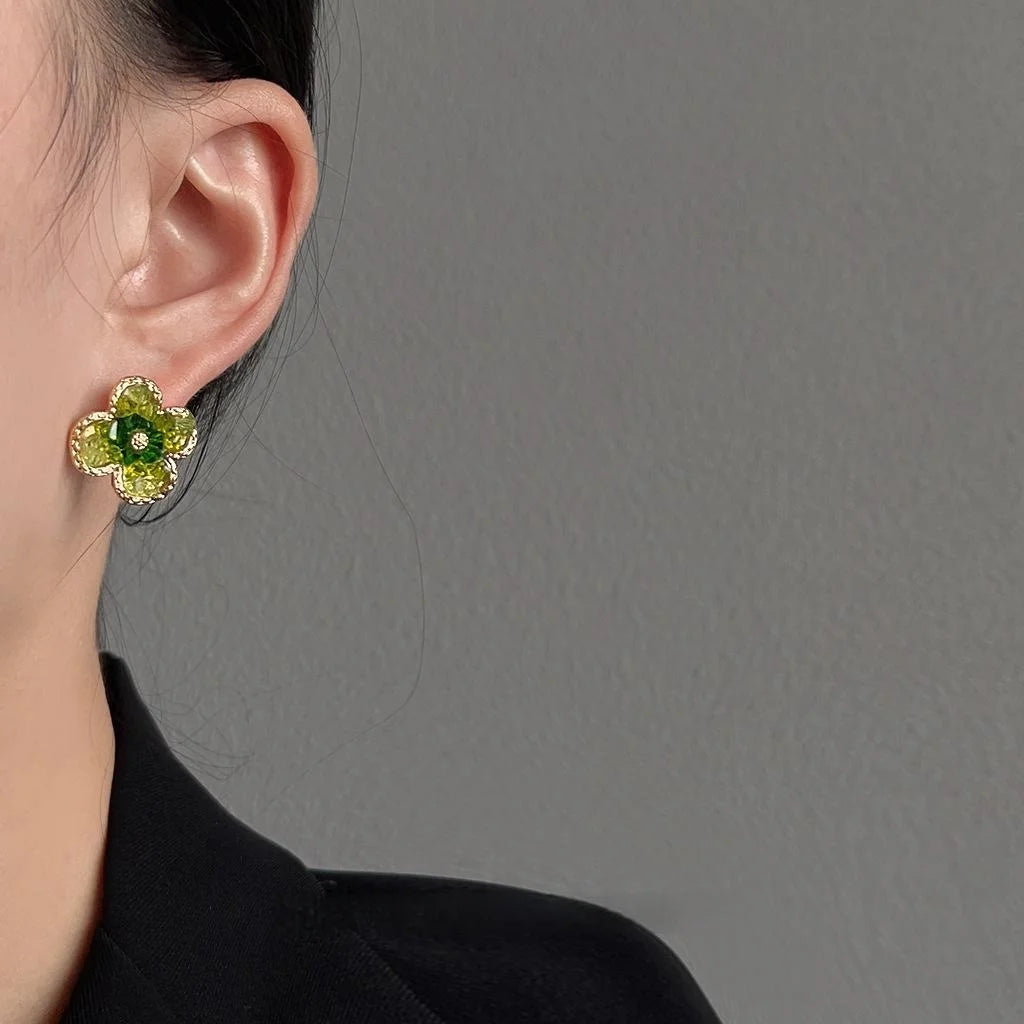 Sweet Forest Green Glass Crystal Flower Petal Stud Earrings, 14K Gold Plated Summer Jewelry