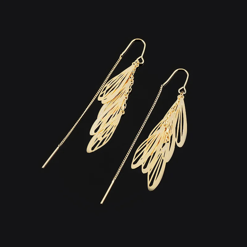 Elegant Gold Alloy Hollow Leaf Tassel Ear Thread Stud & Clip On No Piercing Long Drop Earrings