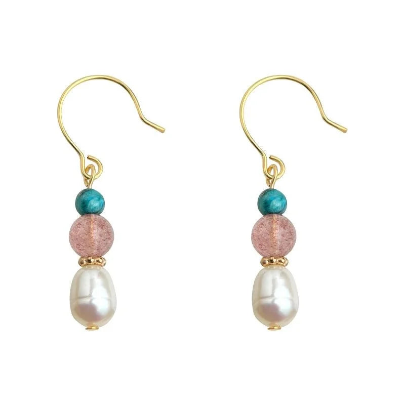 Handmade Freshwater Pearl Strawberry Quartz Drop Earrings Light Luxury Geometric Round Design
