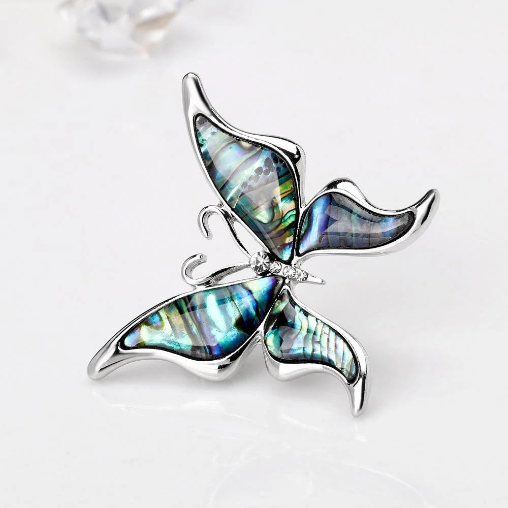Elegant Butterfly Mother Of Pearl Shell Rhinestone Brooch, Silver Alloy Lapel Pin Corsage Gift For Women