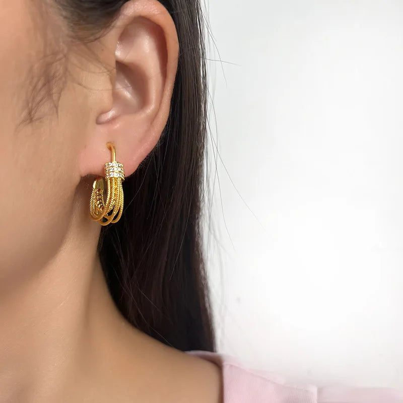 Luxury Gold Alloy Spiral Tassel Hoop Rhinestone Stud & Clip On No Piercing Statement Earrings