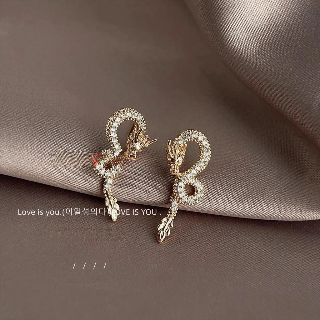 Copper Snake Stud Earrings With Micro Pave Zirconia, Light Luxury Zodiac Animal Jewelry