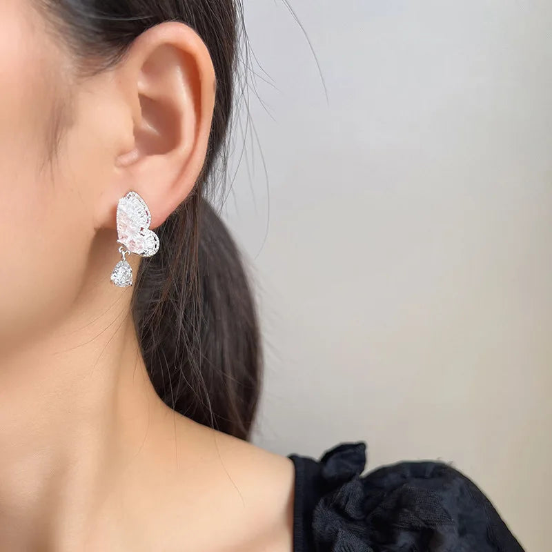 Luxury Double Layer Pink Butterfly Crystal Rhinestone Drop Stud & Clip On No Piercing Earrings