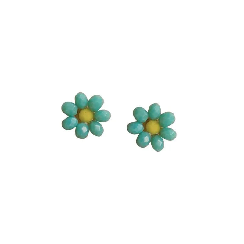 Korean Style Handmade Woven Glass Crystal Flower Stud Earrings With Silver Plated Pins