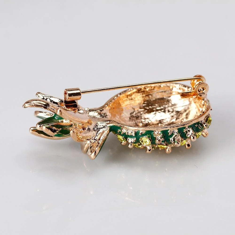 Luxury Green Enamel Pineapple Brooch With Rhinestone Alloy Lapel Pin Corsage For Women Suit Accessory Gift