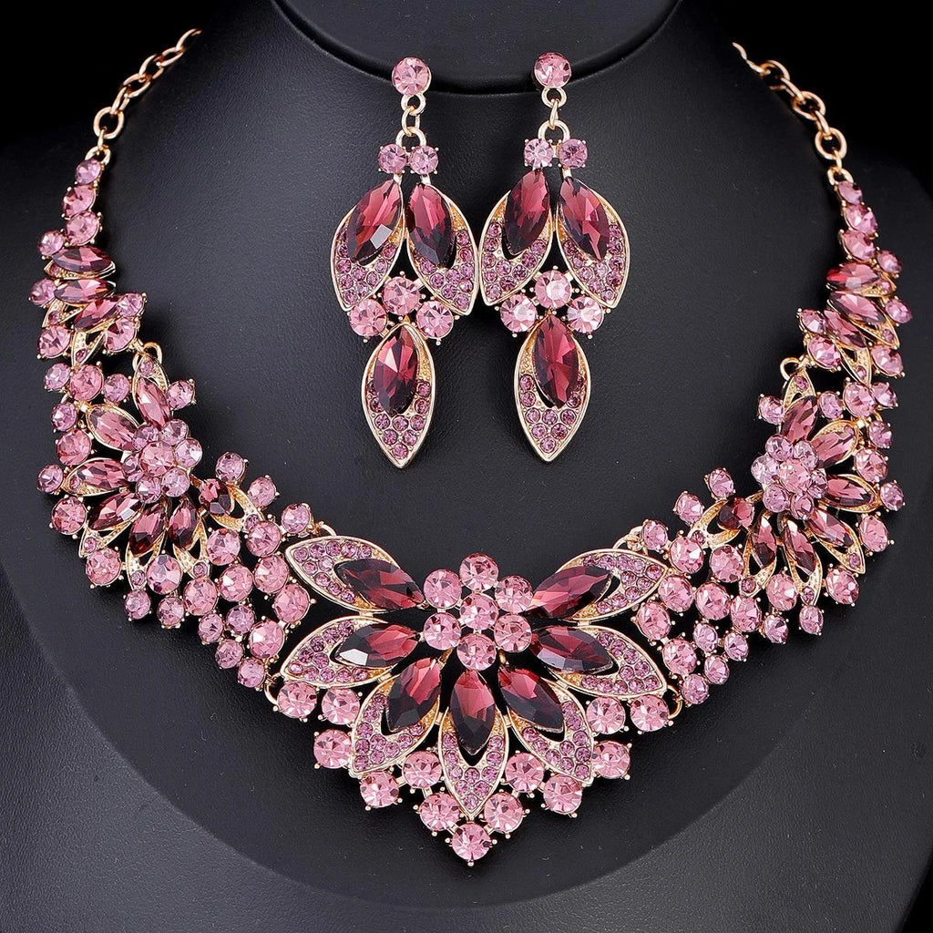 Luxury Bridal Rhinestone Crystal Flower Necklace And Earrings Jewelry Set, Silver Tone Wedding Party Jewelry