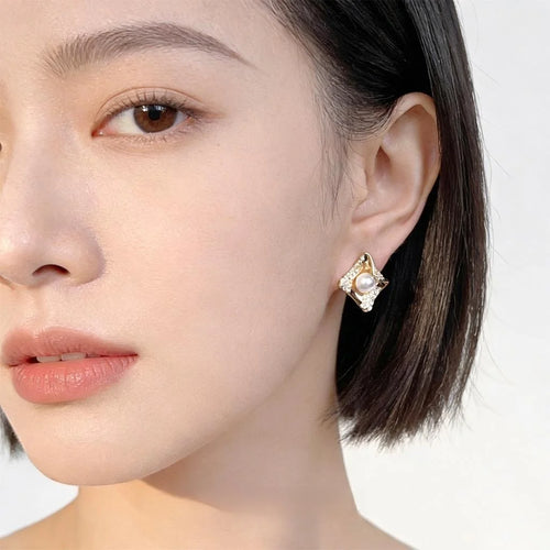 Old Money Geometric Floral Micro Pave Zircon Pearl Copper Stud Earrings