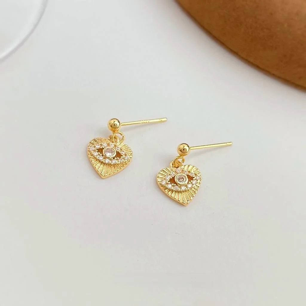 Mini Vintage Copper Zircon Eye Heart Stud Earrings Minimalist Fashion Jewelry