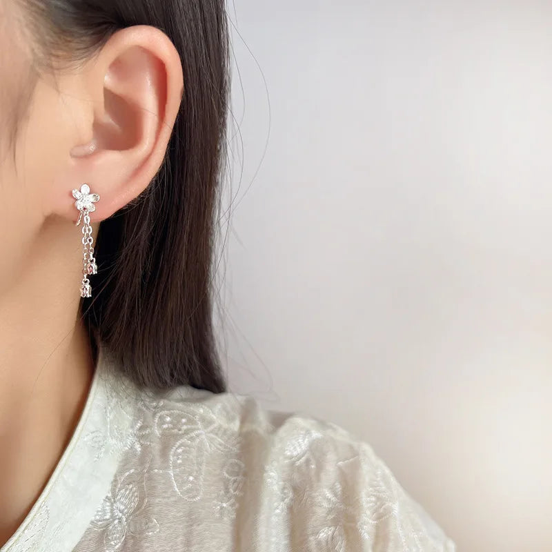 Elegant Silver Alloy Lily Of The Valley Flower Tassel Stud & Clip On No Piercing Dangle Earrings