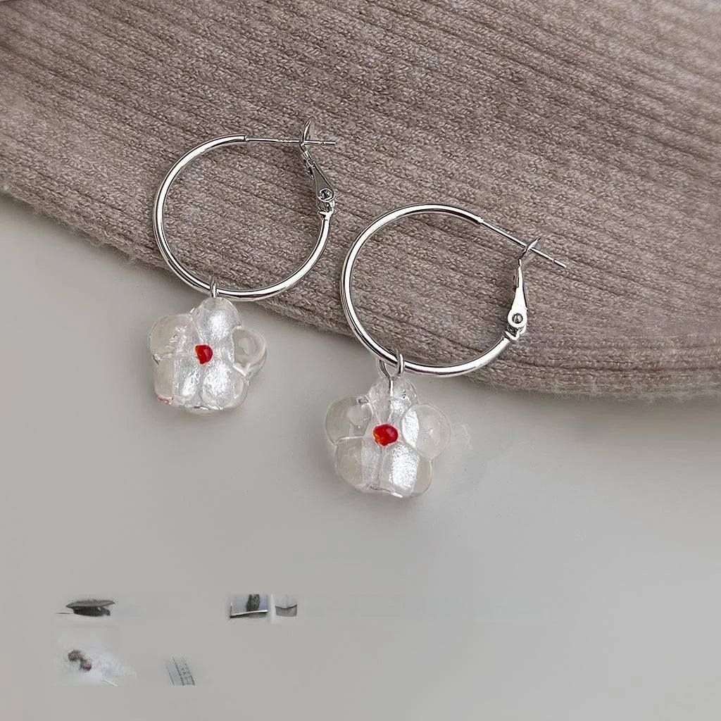 French Style Glass Liuli Flower Stud Earrings, Silver Plated Copper Summer Jewelry
