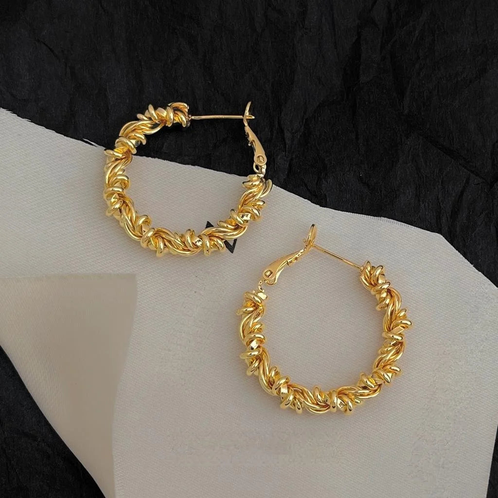 14K Gold Plated Eco Copper Lace Round Geometric Hoop Earrings For Chic Commuter Style