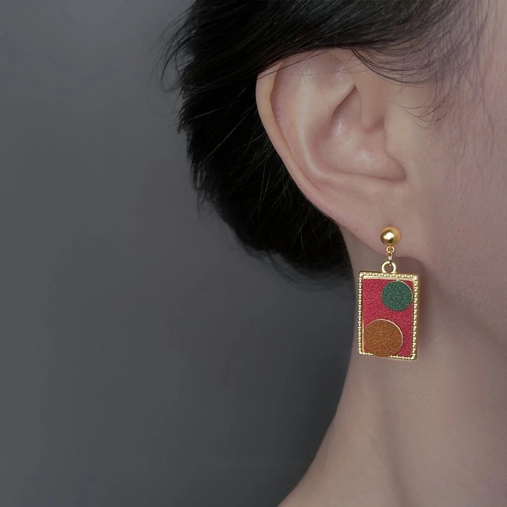 Vintage PU Leather Geometric Drop Earrings With Matte Plated Rectangle And Circle Design