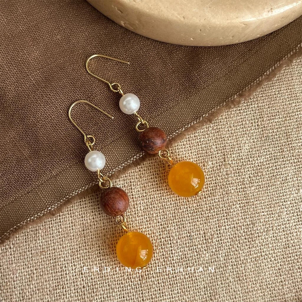 Vintage Ethnic Natural Stone Long Tassel Drop Earrings Handmade Geometric Round Oval Jewelry