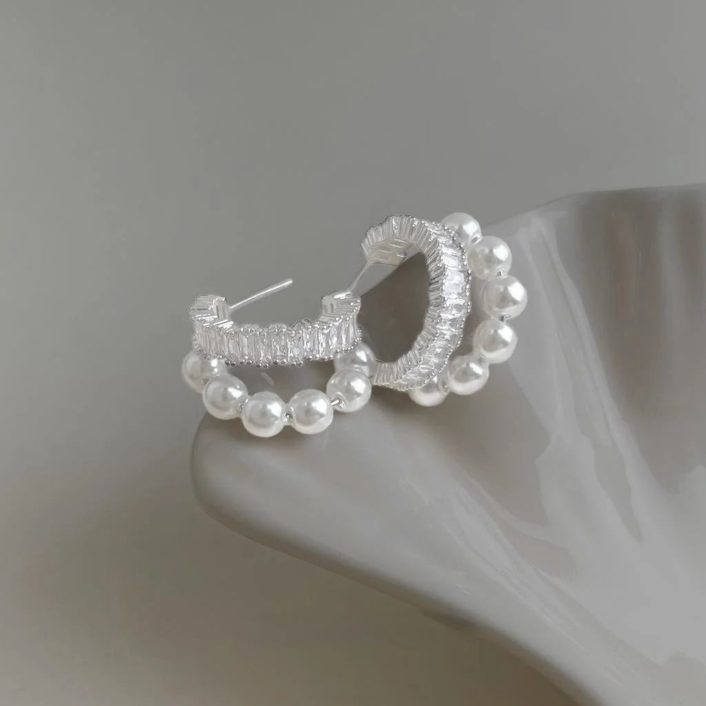 Light Luxury C Shape Geometric Zircon Pearl Drop Earrings Sparkling Round Fashion Ear Jewelry