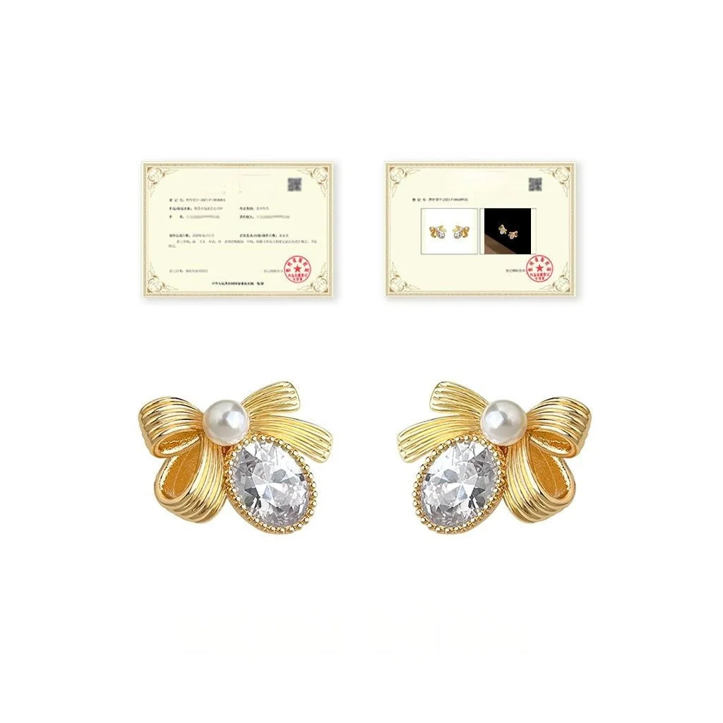 Luxury Bowknot Geometric Zircon Silver Plated Copper Pearl Stud Earrings for Women