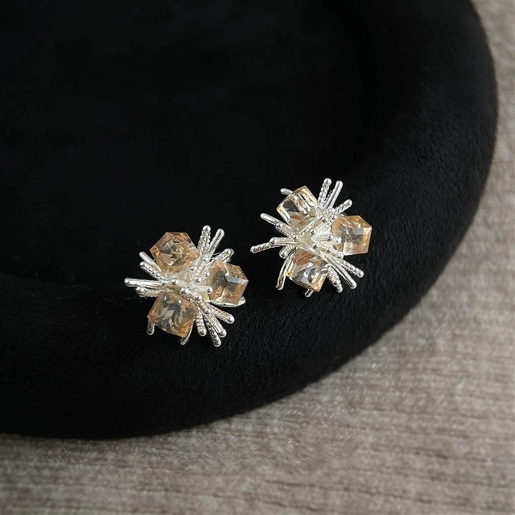 Coffee Tone Glass Crystal Flower Geometric Stud Earrings Silver Plated Copper Fashion Jewelry