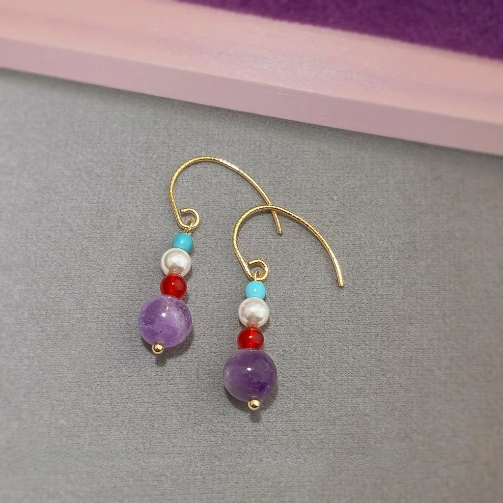 Handmade New Chinese Style Geometric Round Red Agate Amethyst Glass Pearl Turquoise Drop Earrings