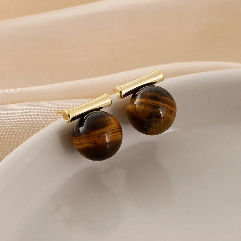 Elegant Tiger Eye Stone Round Ball Gold Alloy Bar Stud & Clip On No Piercing Commuter Earrings