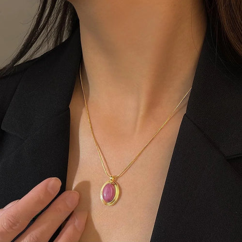 18K Gold Plated 304 Stainless Steel Red Wood Grain Natural Stone Geometric Necklace For Women