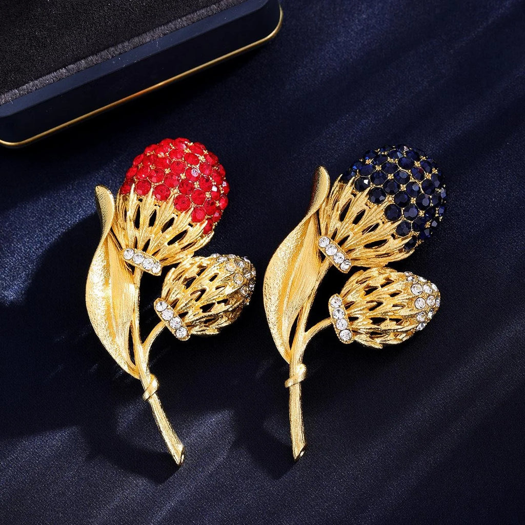 Elegant Gold Alloy Flower Brooch With Red Rhinestone Buds, Women's Lapel Pin Corsage Suit Accessory Gift