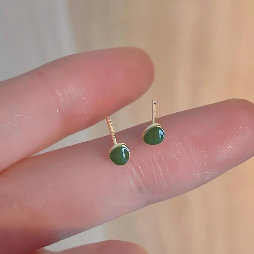 Mini 14K Gold Plated Copper Green Enamel Bean Stud Earrings Minimalist Daily Wear