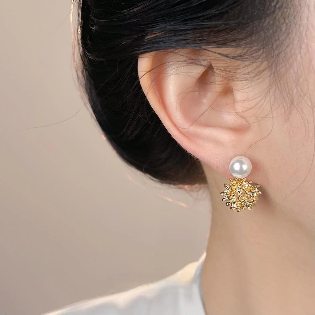 Light Luxury Hydrangea Flower Copper Drop Earrings With Glass Pearls And Micro Pave Zirconia