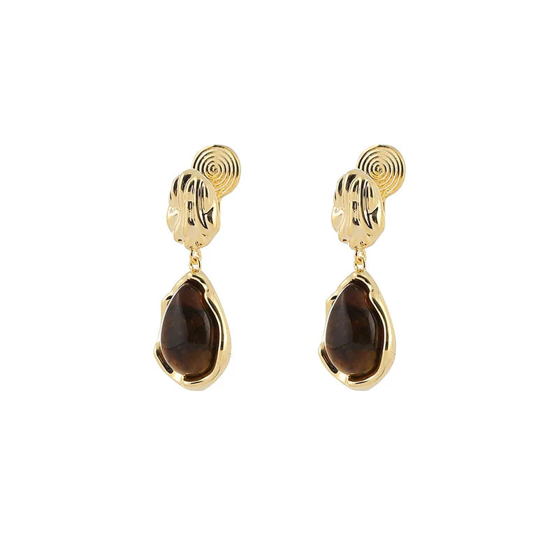 Vintage Gold Tone Alloy Tiger Eye Teardrop Dangle Stud & Clip On No Piercing Women's Earrings