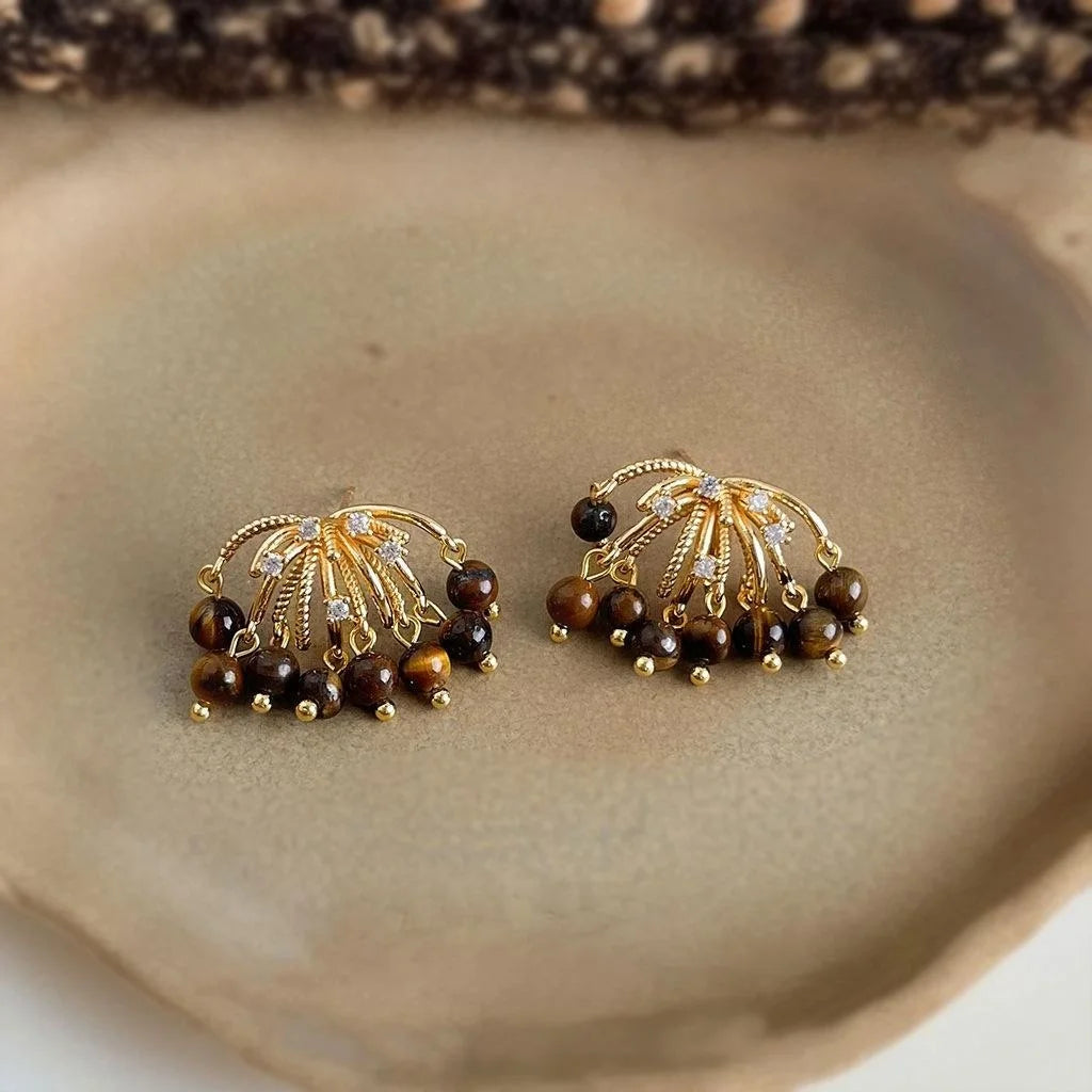 Maillard Style Silver Plated Copper Natural Tiger Eye Zircon Firework Tassel Drop Earrings