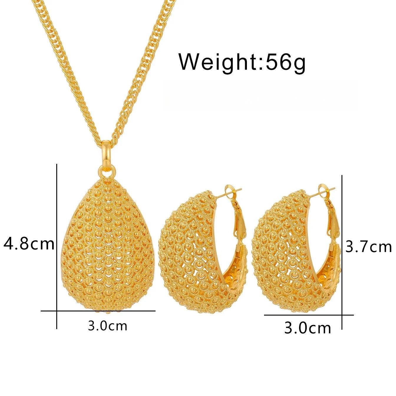 Luxury Dubai Gold Plated Alloy Hoop Earrings And Teardrop Pendant Necklace Jewelry Set For Bridal Wedding Party