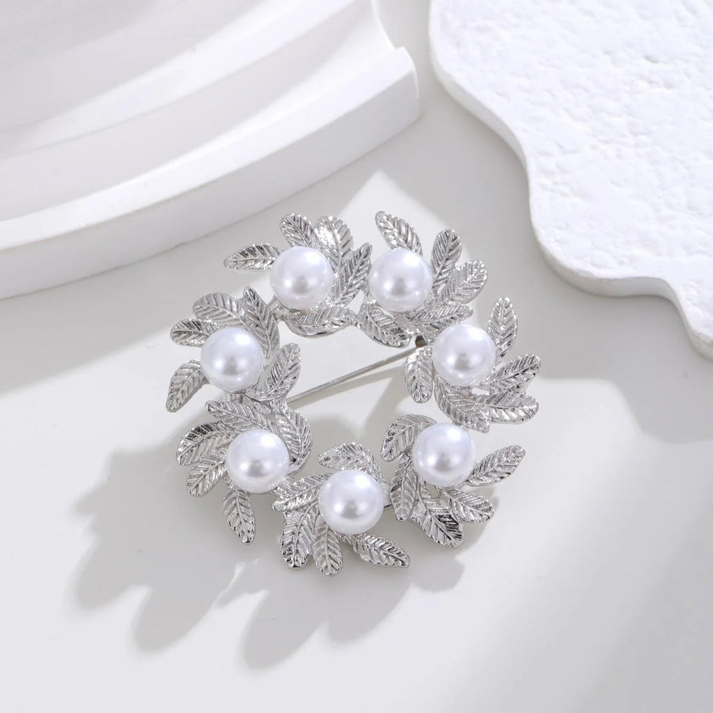 Elegant Gold Alloy Leaf Wreath Brooch With Faux Pearl Accents, Women's Lapel Pin Suit Accessory Gift
