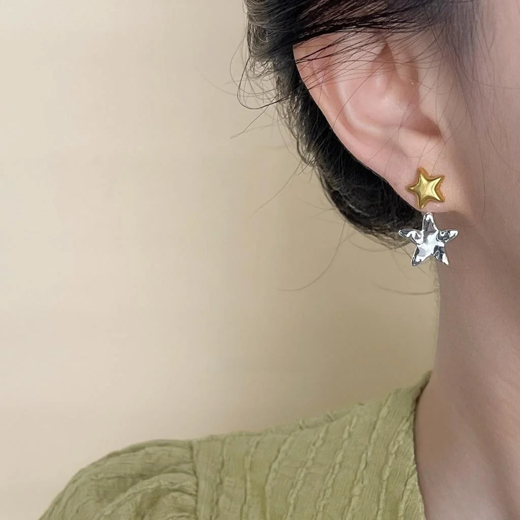 Two Way 14K Plated Copper Star Liquid Geometric Designer Drop Earrings