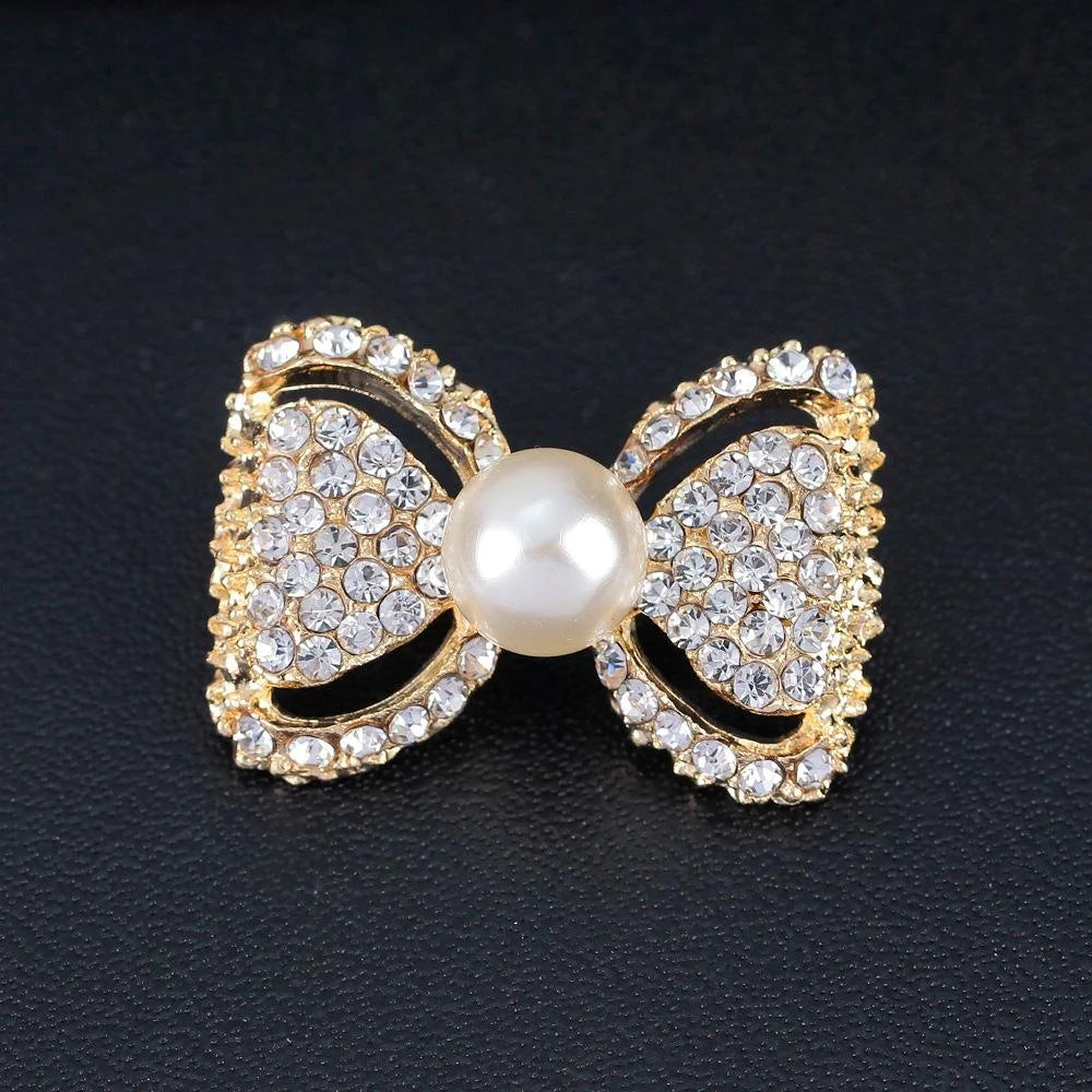 Elegant Gold Bow Brooch With Rhinestones And Faux Pearl Center, Luxury Lapel Pin Suit Accessory Gift