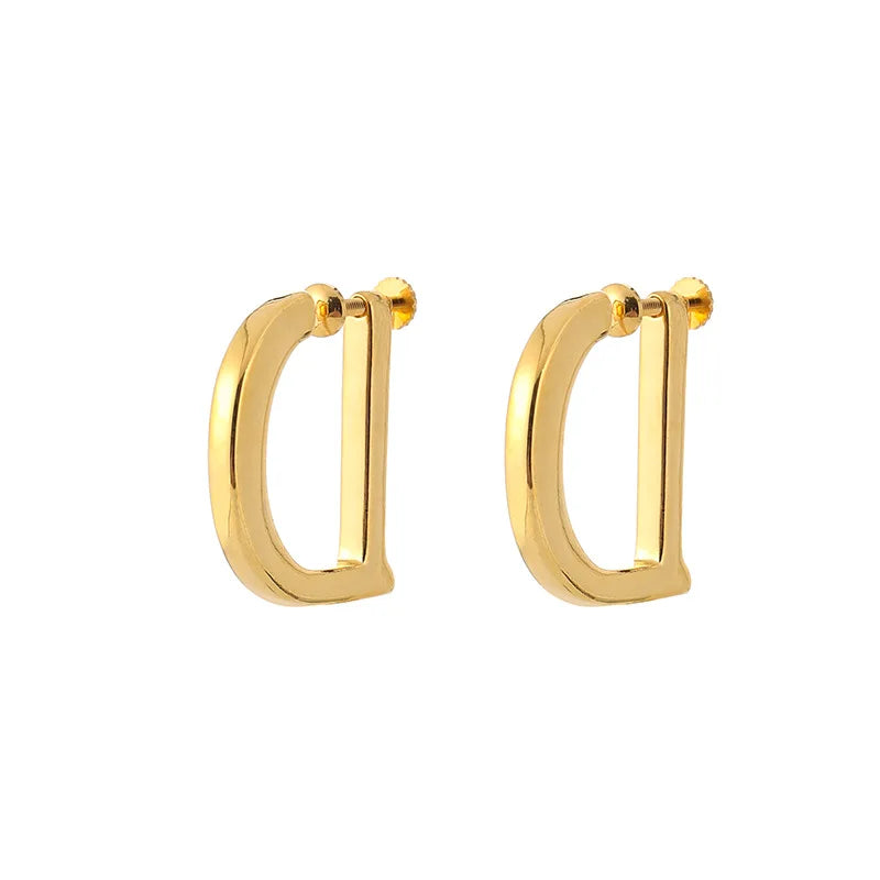 Elegant Gold Alloy D Shape Hoop Stud & Clip On No Piercing Screw Back Minimalist Fashion Earrings