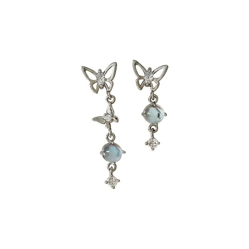 Micro Pave Zircon Butterfly Stud Earrings Asymmetric Sweet Cool Silver Plated Pin Jewelry