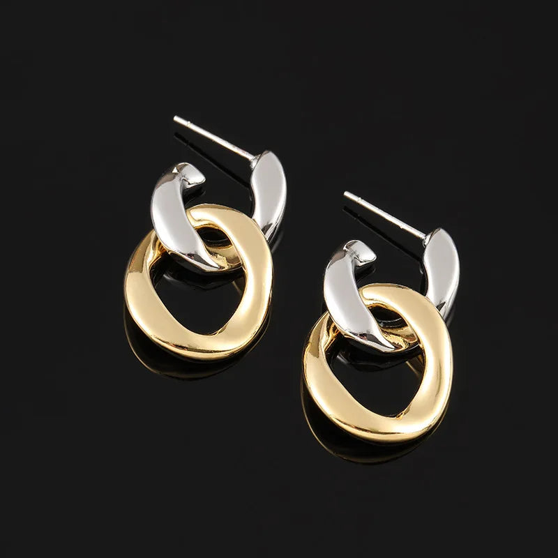 Elegant Two Tone Alloy Chain Hoop Stud & Clip On No Piercing French Style Interlocking Circle Earrings