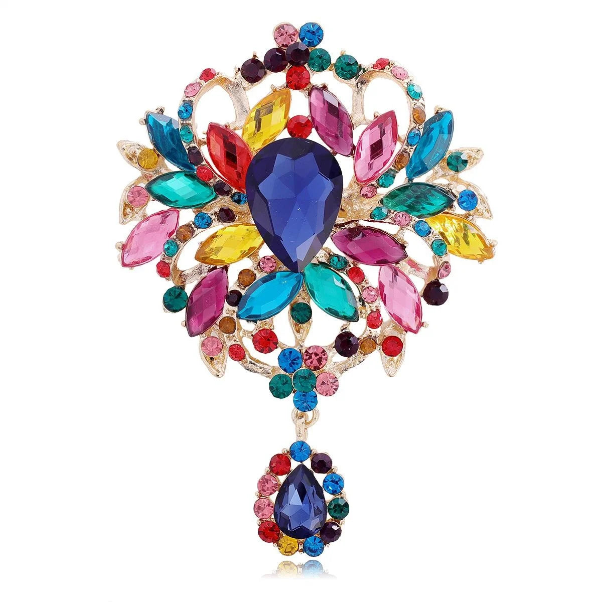 Luxury Rhinestone Flower Bouquet Brooch With Teardrop Crystal Dangle, Elegant Lapel Pin Suit Accessory