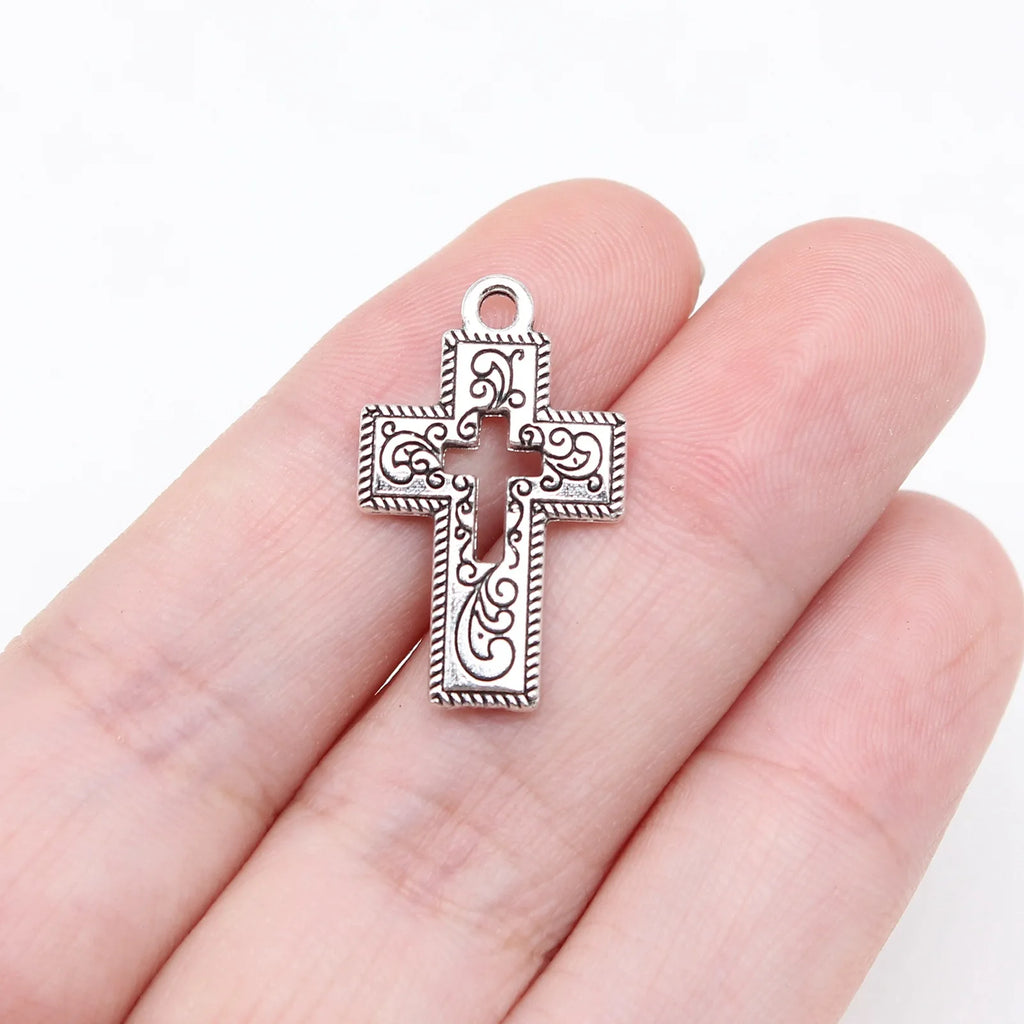 23x14mm 1.2g Antique Silver Tone Zinc Alloy Hollow Cross Charm Pendant for DIY Religious Jewelry Making