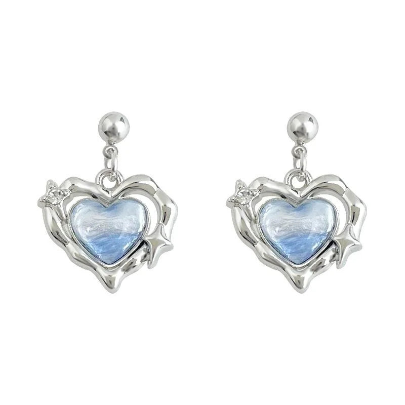Sweet Cool Gradient Liquid Heart Drop Earrings Zinc Alloy Handmade Eight Point Star Jewelry