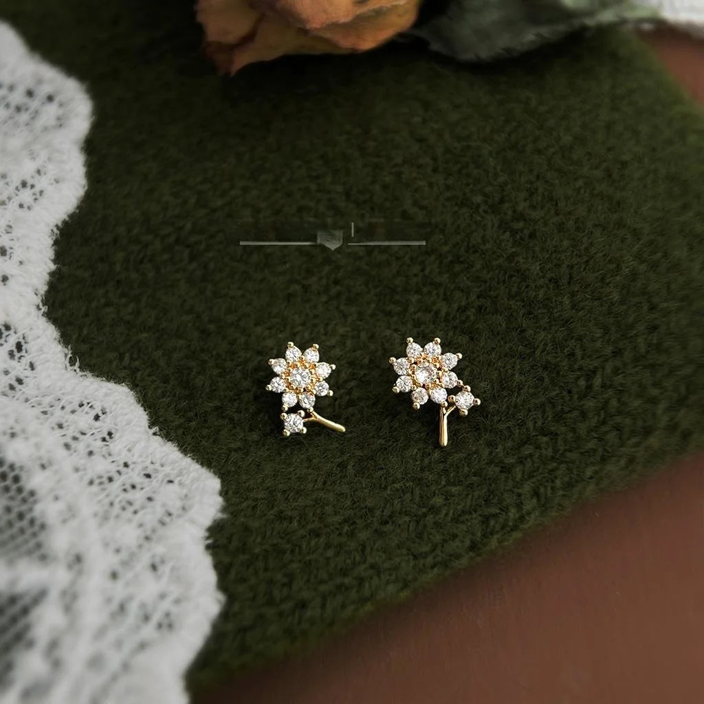 14K Plated Copper Micro Pave Zircon Flower Stud Earrings, Petite Chic Floral Petal Jewelry