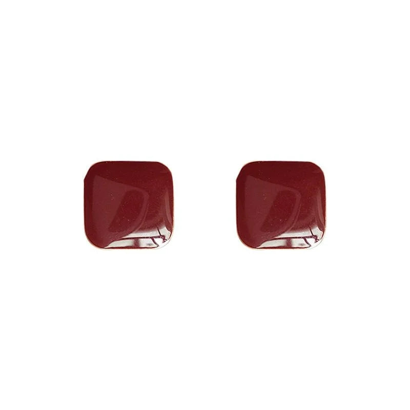 14K Plated Square Burgundy Enamel Stud Earrings Copper Vintage Minimalist