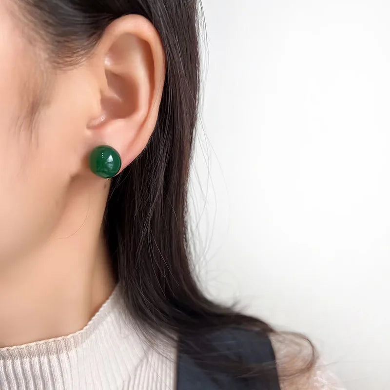 Vintage Green Agate Round Bead Spiral Alloy Stud & Clip On No Piercing Chinese Style Earrings