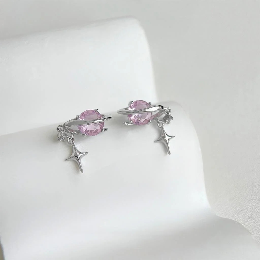 Original Design Planet Star Pink Zircon Copper Stud Earrings