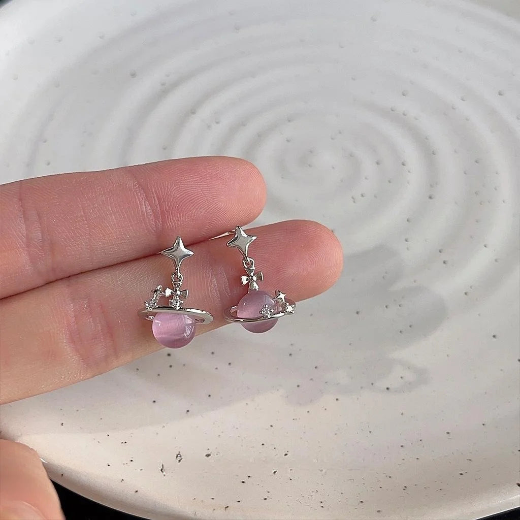 Sweet Cool Pink Glass Cat Eye Stone Star Planet Stud Earrings Copper Micro Pave Zircon Silver Plated