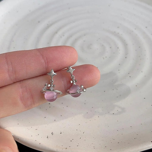 Sweet Cool Pink Glass Cat Eye Stone Star Planet Stud Earrings Copper Micro Pave Zircon Silver Plated