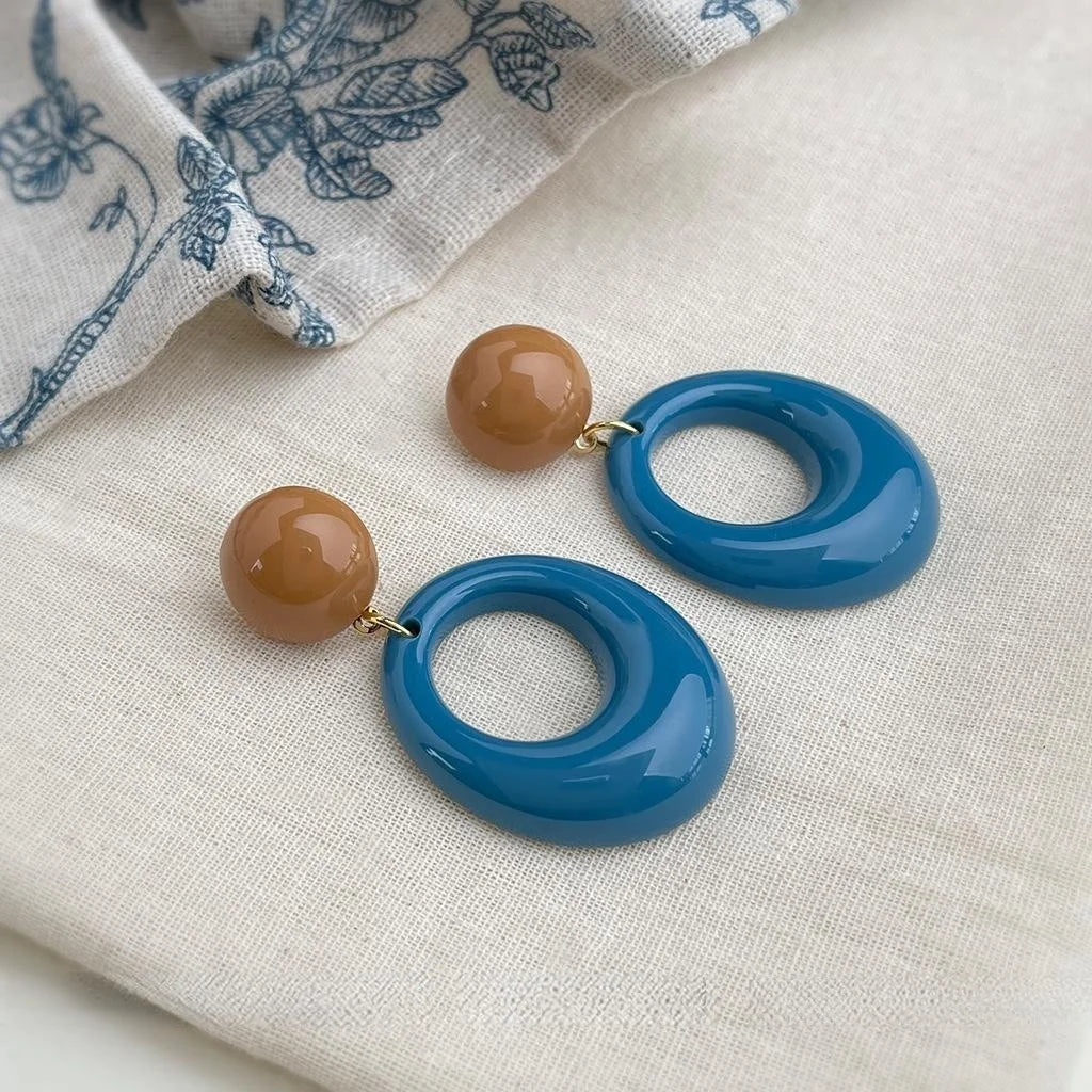 Vintage Hong Kong Style Haze Blue Geometric Resin Drop Earrings With Copper