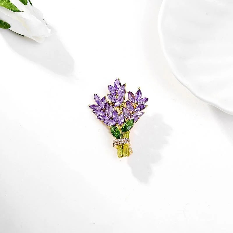 Elegant Lavender Bouquet Alloy Enamel Rhinestone Brooch, Purple Wheat Leaf Lapel Pin Corsage Suit Accessory Gift